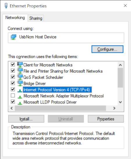 Ethernet properties window